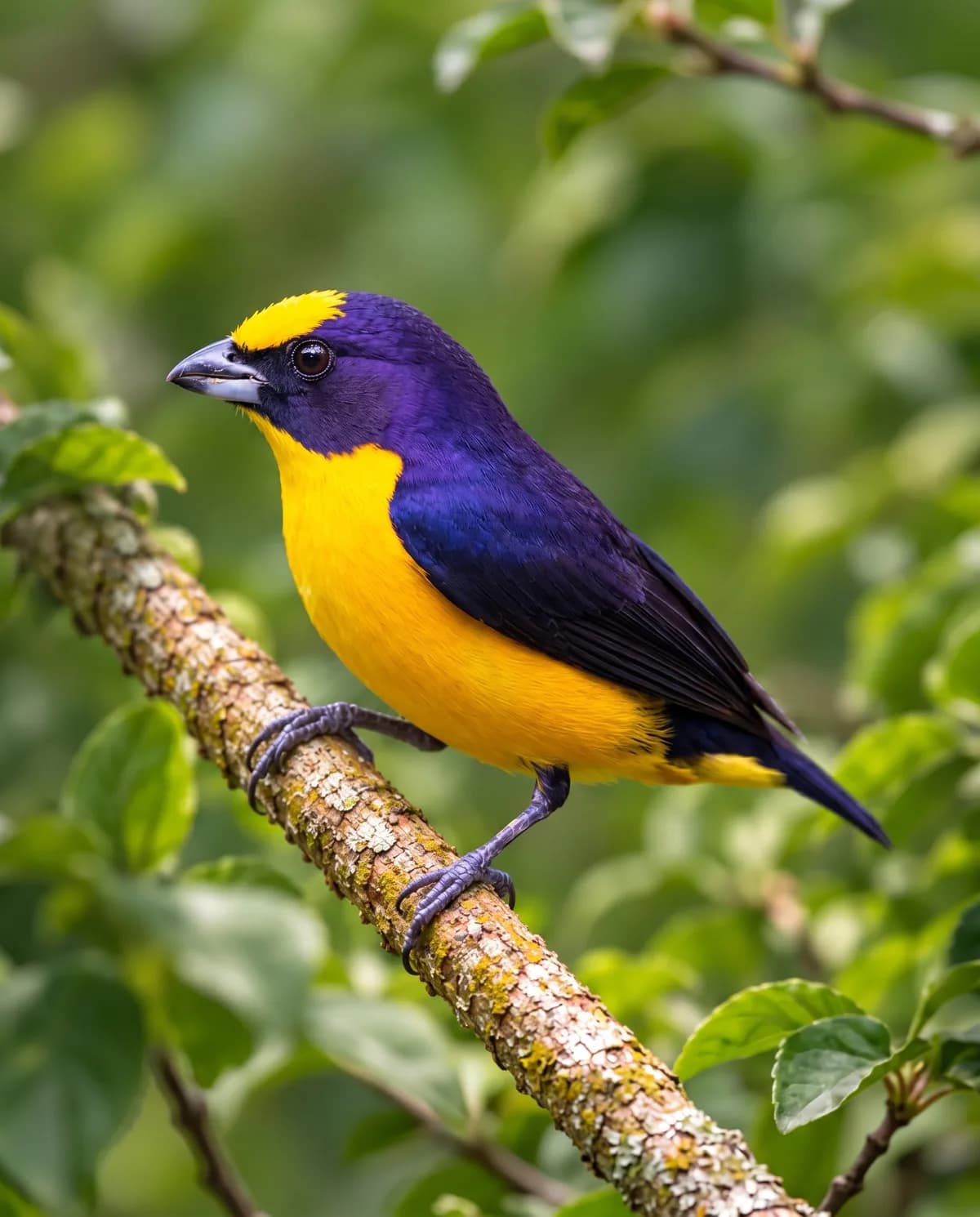 Ave azul-escura de peito amarelo pousada num galho