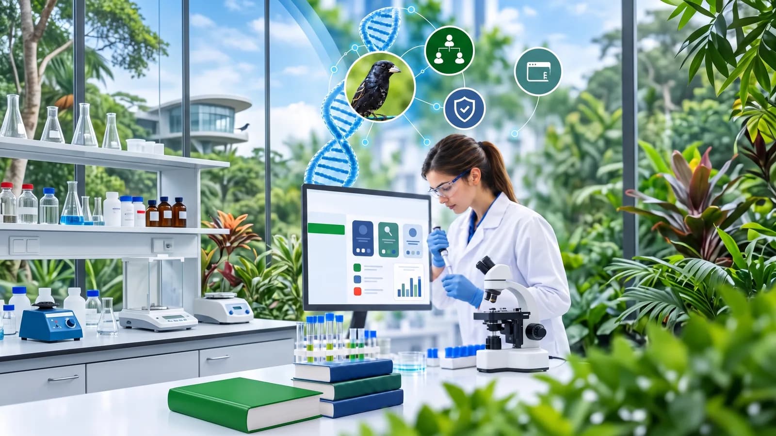 Pesquisadora em laboratório de genética enviando um laudo pelo computador