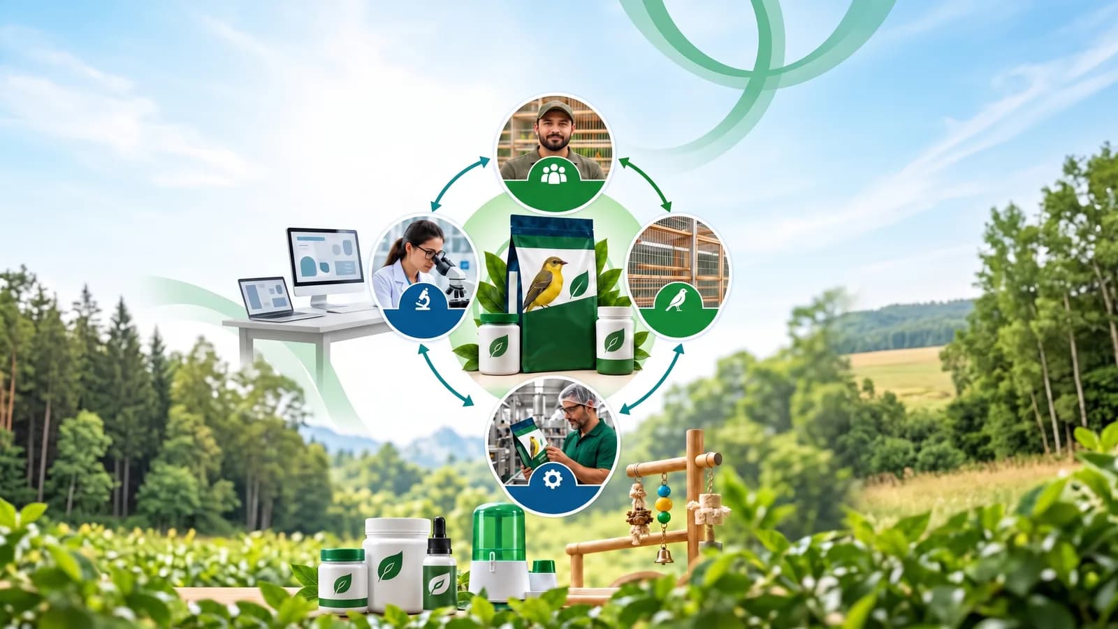 Rede entre criadores, plantéis, área técnica e fabricantes em torno de alimentos e produtos para aves