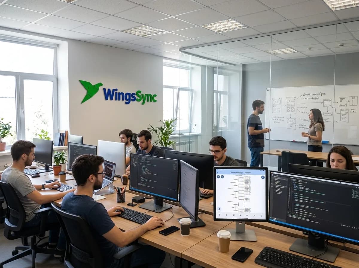Equipe da WingsSync trabalhando no escritório, com a marca na parede e a árvore genealógica do app em uma das telas.