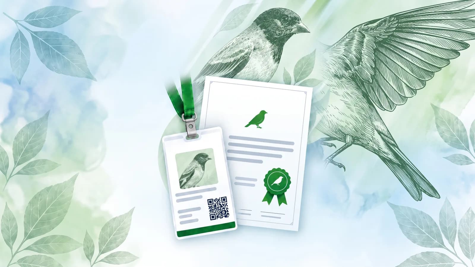Crachá com cordão e certificado de uma ave, impressos pelo app
