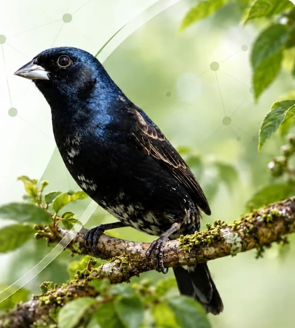 Ave azul-escura de asas salpicadas pousada num galho